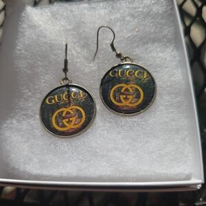 Gucci Black and Gold Round Disc Dangle Wire Earrings